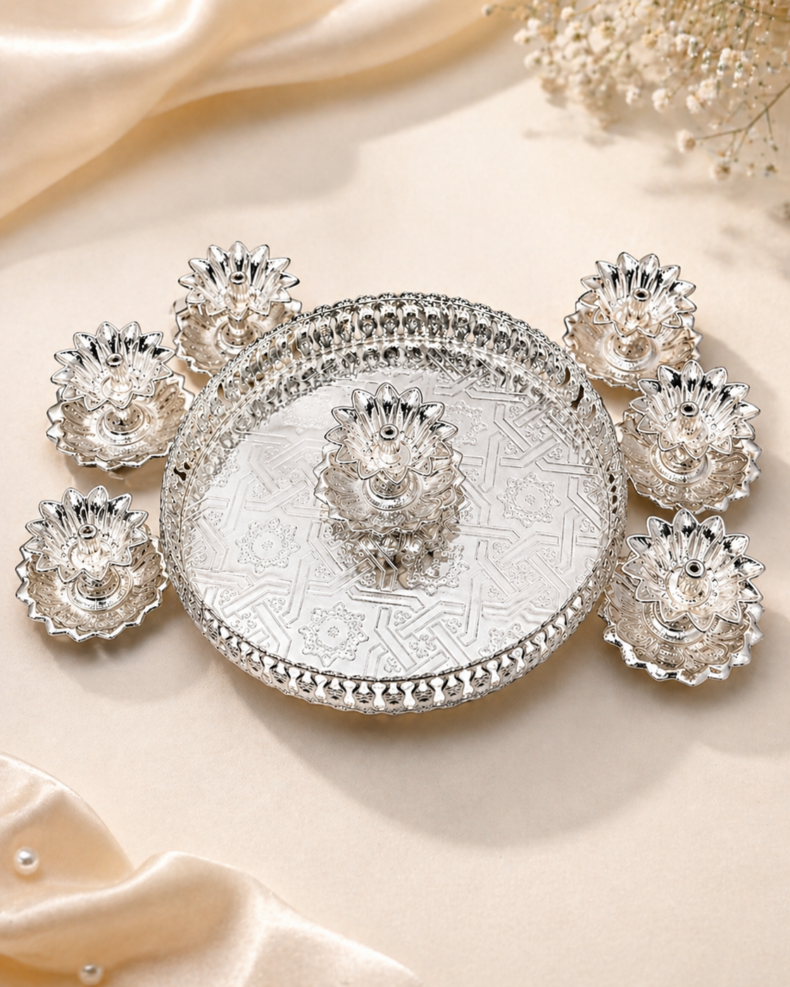 German Silver Lotus Diya Set for Pooja & Festive Gifts